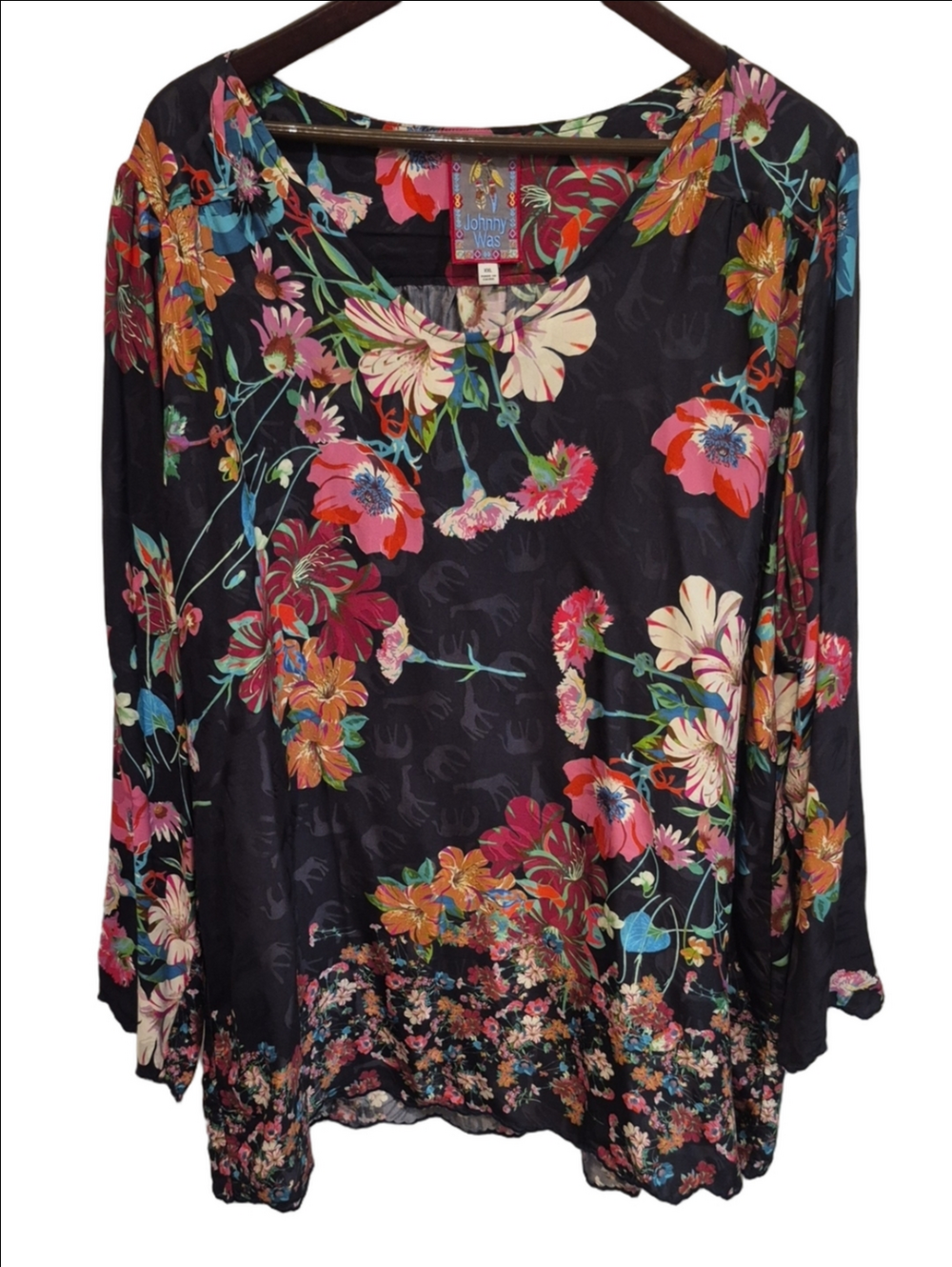 Johnny Was Navy Floral Long-Sleeve Tunic Top In XXL